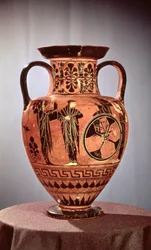 Griechische schwarzfigurige Amphore, darstellend Demeter, Persephone und Apollo