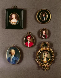 Miniaturen von L nach R, T nach B: Frances Teresa Stuart, Herzogin von Richmond und Lennox; Selbstporträt von Jean Petitot; Charles Fitzroy, 2. Herzog von