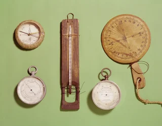 Scotts Kompass, Thermometer, Sonnenuhr, Barometer und Höhenmesser, verwendet auf der Antarktisexpedition 1910-12