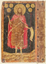 Johannes der Täufer mit Goldflorinen, vom Einband der Verfassungen und Statuten der Münzprägergilde, um 1380