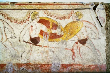 Die Schlacht der Gladiatoren, Detail eines Duells, ca. 3. Jahrhundert v. Chr.