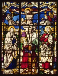 Die Kreuzigung, Glasfenster, wahrscheinlich aus der Abtei Altenberg, bei Köln, vielleicht entworfen vom Maler bekannt als der Meister der Heiligen Sippe, ca. 1500
