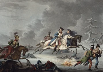 Die Flucht von Bonaparte aus der Schlacht von Krasnoi von William Heath, veröffentlicht am 1. April 1815 (kolorierte Aquatinta)