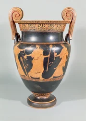 Volutenkrater, Dionysische Szene zeigt rituelle Zerstückelung eines wilden Tieres, attisch, 450-425 v. Chr.