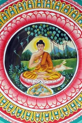 20151029, Vientiane, Laos: Wat Inpeng buddhistischer Tempel. Gemälde, das die Lebensgeschichte von Shakyamuni Buddha darstellt. Der lehrende Buddha zeigt einen besonderen Moment im Leben des Buddha, nämlich die erste Predigt, die der Buddha nach der Erleuc