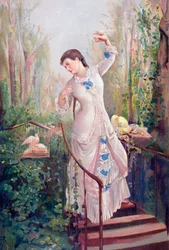 Eine Frau des 19. Jahrhunderts in einem Garten mit Turteltauben, nach dem Gemälde La Tórtola Madre von Ramon Marti y Alsina, aus 