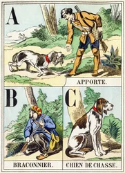 A B C: Apportieren, Wilderer, Jagdhund - Das Jagd-Alphabet, ca. 1890
