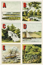 A B C D E F: Archipel, Bois de Boulogne, Wasserfall, Deich, Klippe, Wald von Fontainebleau - Gravur aus Alphabet geographique. Guerin-Muller et Cie, Verleger, Paris