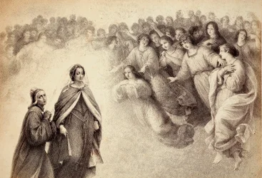 Eine Schar von Schatten nähert sich Dante und Beatrice. Illustration zu Gesang V des Paradiso aus der Göttlichen Komödie von Dante Alighieri. Werk von Francesco Scaramuzza, der Stadt Florenz gewidmet.
