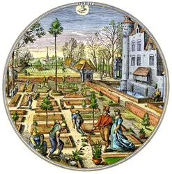 Landwirtschaft: Gartenarbeit in einem europäischen Gemüsegarten zu Frühlingsbeginn um 1590, Farbstich aus dem 16. Jahrhundert