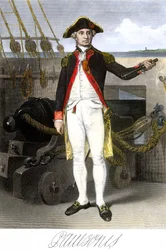 Amerikanische Marine: John Paul Jones (1747-1791), Seemann und Held des Unabhängigkeitskrieges der Vereinigten Staaten von Amerika. Farbige Gravur mit Unterschrift.