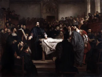 Anatomievorlesung. Andre Vesale (1514-1564), flämischer Anatom (Andrea Vesalius oder Andries Van Wesel) in Padua (Padova), Italien