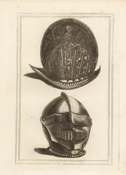 Antiker venezianischer Morionhelm verziert mit militärischen Trophäen und ein Burgonethelm mit einheitlichem Visier und Kinnschutz aus dem Tower of London