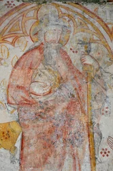 Avy, Kirche Notre Dame. Wandgemälde aus dem 14. Jahrhundert (Jungfrau und Kind umgeben, Verehrung durch Pilger begleitet von ihren heiligen Schutzpatronen)
