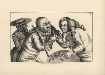 Der bankrotte Toby und seine Frau Doxy betteln in einer Taverne um Käse und Bier. Kupferstich von Thomas Sanders nach einer satirischen Illustration von Timothy Bobbin (John Collier) aus Human Passions Delineated, John Haywood, Manchester.