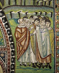 Basilika San Vitale, Detail der Lünettenmosaiken über dem Eingang zum Umgang, die Aaron und die Führer der zwölf Stämme Israels darstellen, Ravenna, Emilia-Romagna, Italien