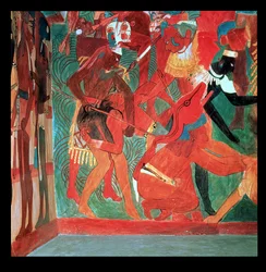 Kampfszene dargestellt in Raum 2 des bemalten Tempels in Bonampak, Maya, Spätklassische Periode, ca. 800