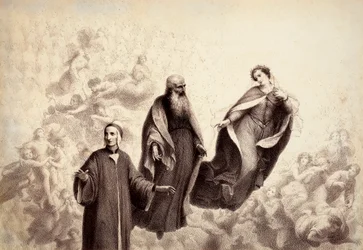 Beatrice entfernt sich von Dante, und an seiner Seite erscheint St. Bernhard. Illustration von Canto XXXI in Paradiso der Göttlichen Komödie von Dante Alighieri. Werk von Francesco Scaramuzza, gewidmet der Gemeinde Florenz