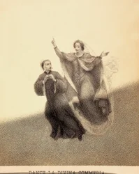 Beatrice, die mit ihrem Zeigefinger nach oben zeigt, führt Dante durch das Firmament des Paradieses. Ihre Körper werden von einem Lichtstrahl erleuchtet. Illustration von Canto I in Paradiso der Göttlichen Komödie von Dante Alighieri. Werk von Francesco Sc