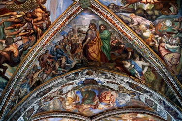 Biblische Szenen, Fresken (18. Jahrhundert) aus dem Gewölbe der St. Bartholomäus-Kathedrale, Lipari, Äolische Inseln (UNESCO-Welterbeliste, 2000), Sizilien, Italien