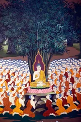 Buddha lehrt Jünger, Wandfresko, Wat Botum Tempel, Phnom Penh, 2022