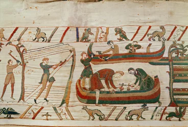 Schiffbau unter den Befehlen von Herzog Wilhelm, Bayeux-Tapisserie