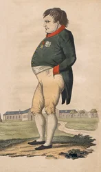 Karikatur von Napoleon Bonaparte auf St. Helena, zwei Monate vor seinem Tod am 5. Mai gemacht