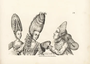 Karikatur der Mode des späten 18. Jahrhunderts: Frauen mit hohen Perücken und einem Garten aus Blumen im Dekolleté, und ein Dandy mit einer hohen Perücke und einer extravaganten Haarmasse, die am Rücken gebunden ist. Kupferstich nach einer satirischen Illu