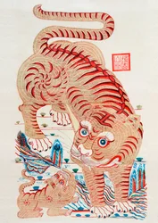 Chinesischer Holzschnitt eines Tigers (Farbholzschnitt)