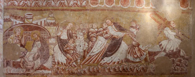 Kirche (Église Saint-Martin). Innenraum. Wandmalereien (Fresko). Nordwand des Chors. Detail. Verhaftung Christi, Fußwaschung. 12. Jahrhundert