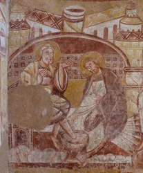 Kirche (Église Saint-Martin). Innenraum. Wandmalereien (Fresko). Nordwand des Chors. (Detail) Fußwaschung. 12. Jahrhundert.