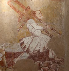Kirche (Église Saint-Martin). Innenraum. Wandmalereien (Fresko). Nordwand des Chors. (Detail) Simon von Kyrene trägt das Kreuz. 12. Jahrhundert.