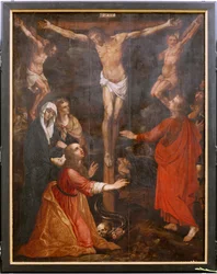 Kirche (Eglise Saint-Martin). Innenansicht. Triptychon. Die Kreuzigung