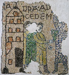 Kirche des Heiligen Johannes Evangelist, Vierter Kreuzzug, Fragmente von Mosaikböden, die Venezianer darstellen, Ravenna, Emilia-Romagna, Italien