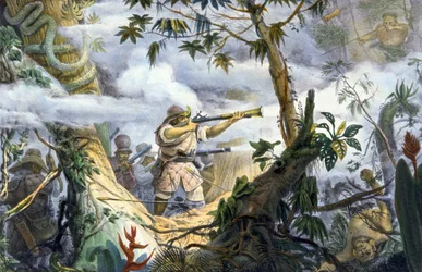 „Zivilisierte“ Indianer kämpfen gegen Botocudos-Indianer, Brasilien