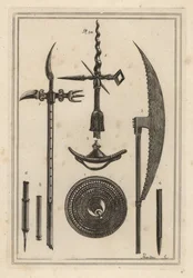 Konkaves Rundel 1,2, Streitaxt 3,4, Stangenwaffe 5,6 und kuriose alte Waffe, die von den Engländern gegen die Schotten verwendet wurde 7,8