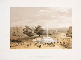 Kristallpalast, nach der Großen Ausstellung Der Brunnen und Park von den Terrassenstufen des Kristallpalastes, ca. 1855