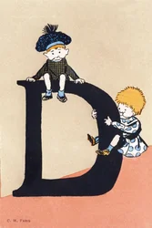 D wie deux, descendre - Alphabet für Kinder. C. M. Herausgeber, Paris. Handbemalte Postkarten, abgestempelt 1904. Maße: 14 x 9 cm
