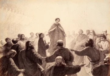 Dante und Beatrice werden von den Geistern der Weisen umkreist, die um sie herum singen und tanzen. Illustration von Canto XIV in Paradiso der Göttlichen Komödie von Dante Alighieri. Werk von Francesco Scaramuzza, gewidmet der Gemeinde Florenz.