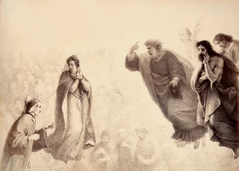 Dante und Beatrice vor den leuchtenden Geistern der Apostel Petrus, Jakobus und Johannes. Petrus hat seinen Arm in einem Zeichen des Zorns erhoben. Illustration von Canto XXVII in Paradiso der Göttlichen Komödie von Dante Alighieri. Werk von Francesco Scar