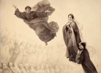 Dante und Beatrice treffen St. Peter. Illustration von Canto XXIV in Paradiso der Göttlichen Komödie von Dante Alighieri. Werk von Francesco Scaramuzza, gewidmet der Gemeinde Florenz.