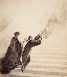 Dante steigt auf ein einfaches Zeichen von Beatrice die goldene Leiter hinauf, nach den seligen Geistern. Illustration von Canto XVII in Paradiso der Göttlichen Komödie von Dante Alighieri. Werk von Francesco Scaramuzza, gewidmet der Gemeinde Florenz.