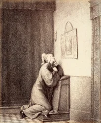 Dante kniet im Gebet, mit seinem Blick auf ein Triptychon gerichtet.