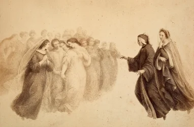 Dante zusammen mit Beatrice und den seligen Geistern. Illustration von Canto XXXIII in Paradiso der Göttlichen Komödie von Dante Alighieri. Werk von Francesco Scaramuzza, gewidmet der Gemeinde Florenz