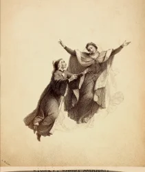 Dante, mit offenen Armen, von Beatrice durch das Firmament des Paradieses geführt. Illustration von Canto I in Paradiso der Göttlichen Komödie von Dante Alighieri. Werk von Francesco Scaramuzza, gewidmet der Gemeinde Florenz.