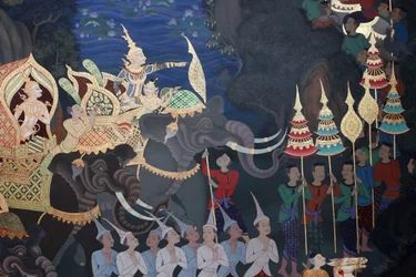 Detail eines Wandgemäldes im Uposatha (Schreinhalle) des Buddhapadipa-Tempels, Wimbledon, Großbritannien