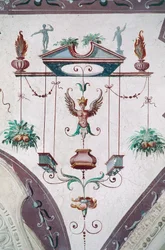 Detail der Decke der Halle der Grotesken (16. Jahrhundert), Schloss Della Manta, Manta (Cuneo), Piemont, Italien