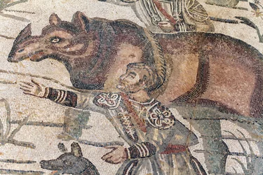Detail des großen Jagdmosaiks. Ein Nashorn wird auf ein Boot geführt, um zum nächsten Hafen transportiert zu werden. 3. - 4. Jahrhundert. Römische Villa del Casale, Sizilien. UNESCO-Weltkulturerbe.