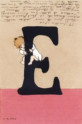 E wie enlacer, embrasser - Kinderalphabet. C. M. Verleger, Paris. Handbemalte Postkarten, abgestempelt 1904