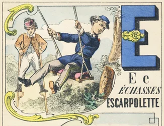 E: echasses, escarpolette - Spiele Alphabet, ca. 1890